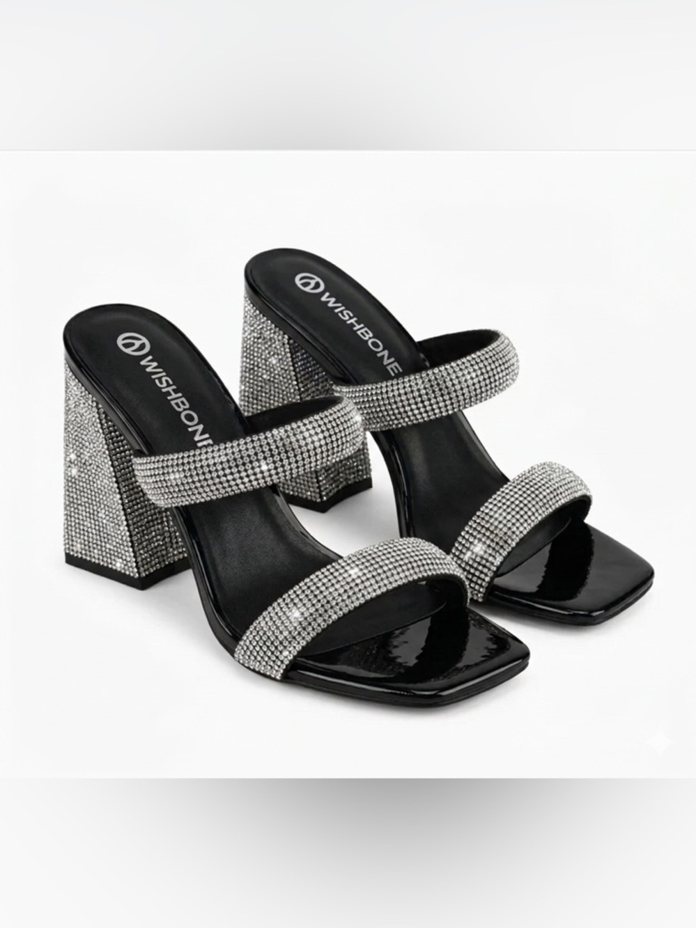 Wishbone Black Crystal Embellished Block Heel Sandals